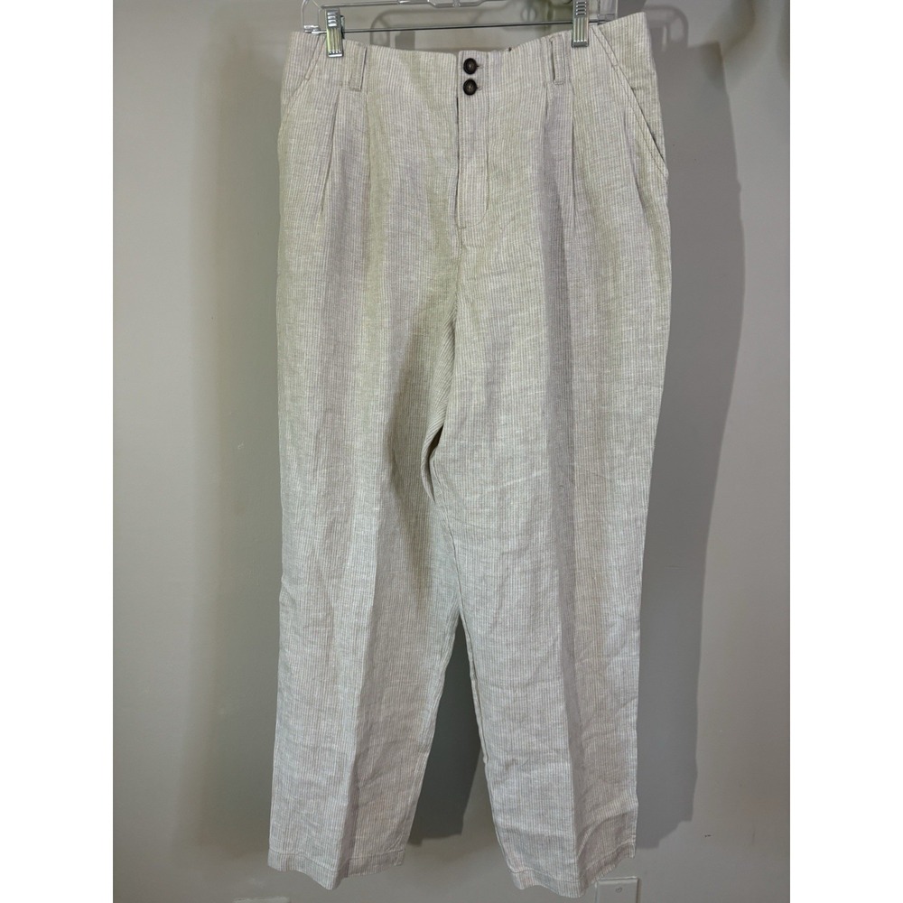 NWT GARNET HILL Beige & White Stripe Linen Trouser Pants 14‎ European Flax